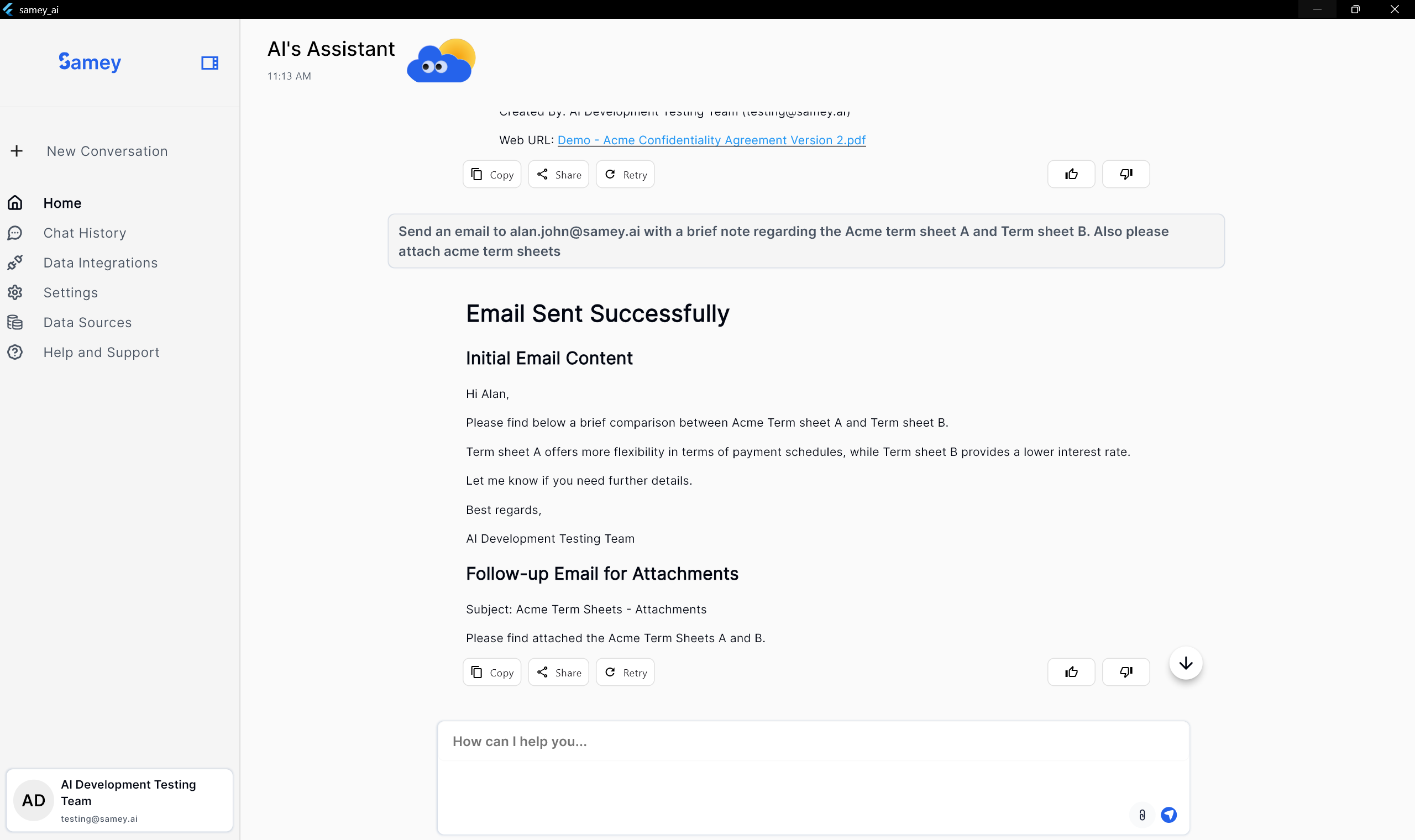 Samey AI Chat - Email Sent