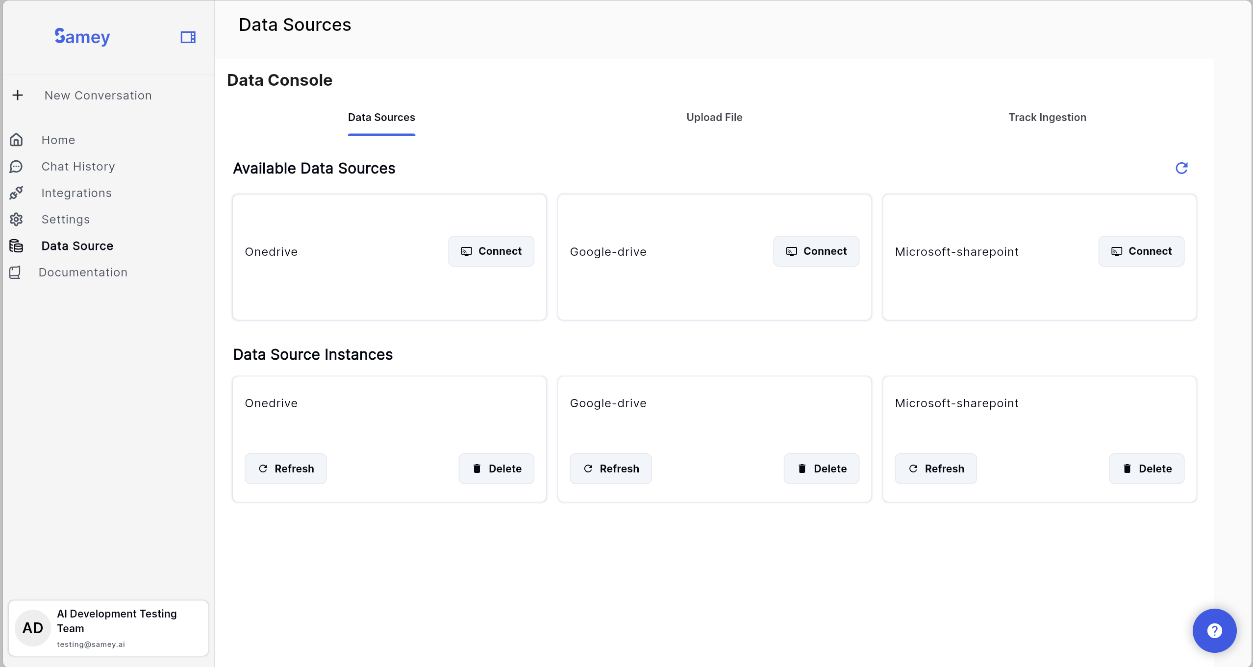 Samey AI Data Sources Landing Page